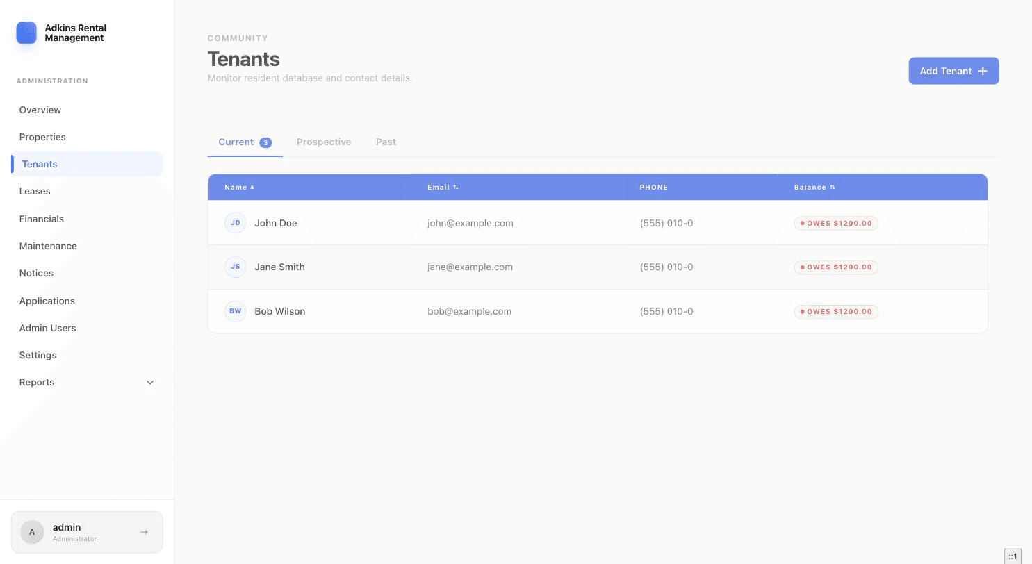 Tenants list with Current, Prospective, and Past tabs