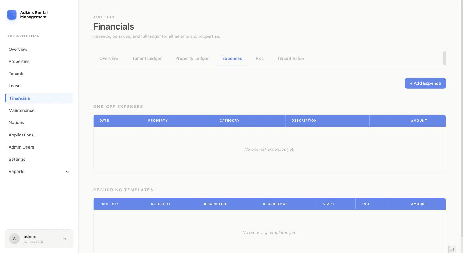 Expenses tab with Add Expense button and empty one-off expenses and recurring templates tables
