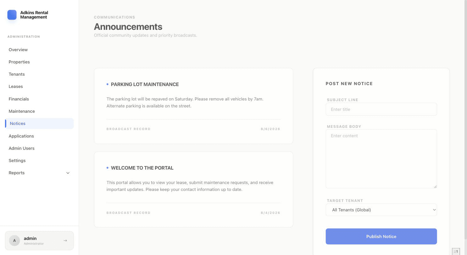 Announcements feed and Post New Notice form