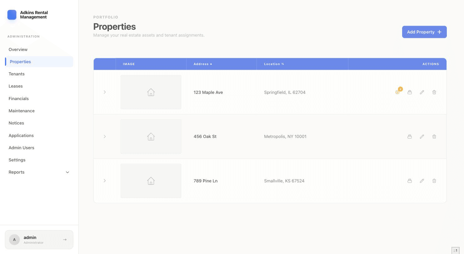 Properties list showing address, location, and action icons