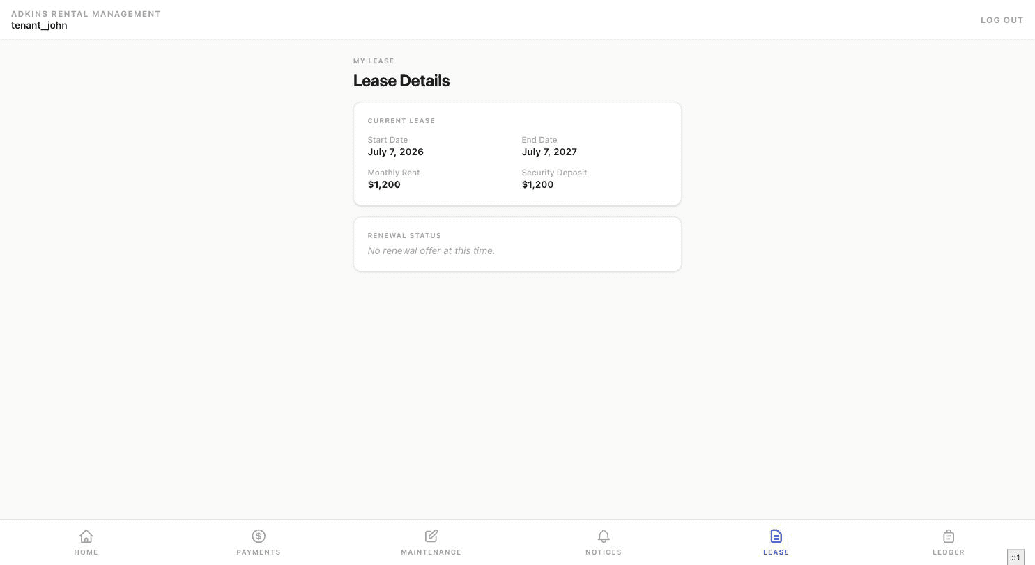 Tenant lease page showing current lease details and renewal status