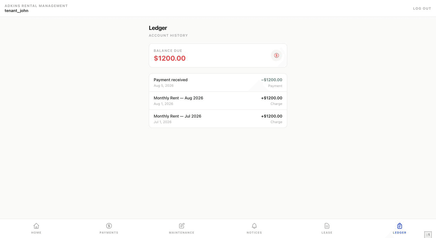 Tenant ledger showing balance due and a list of charges and payments