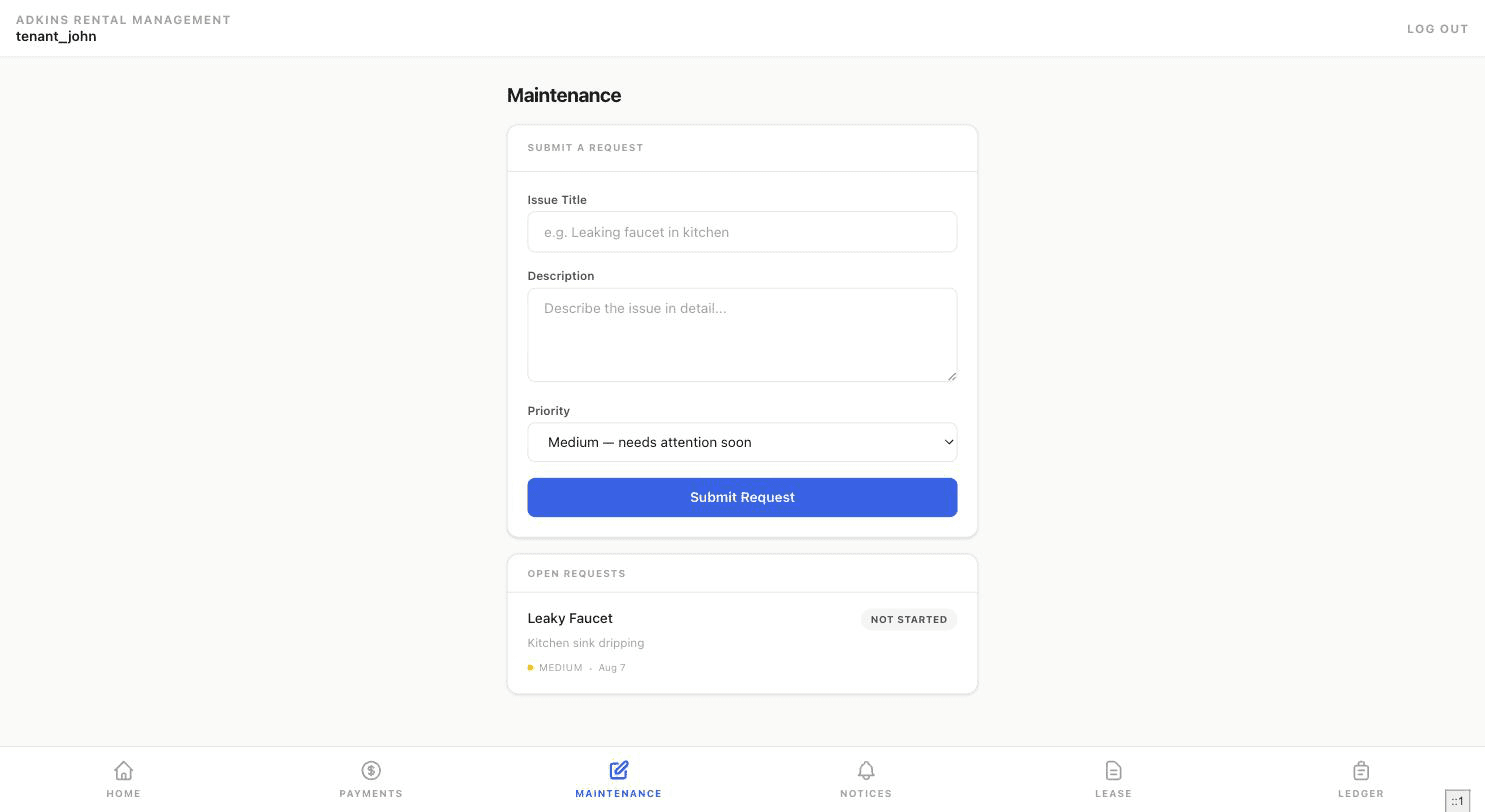Tenant maintenance page with a submit-a-request form and a list of open requests