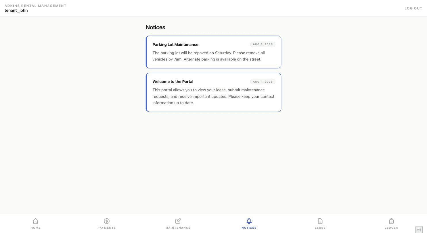 Tenant notices feed showing two announcements